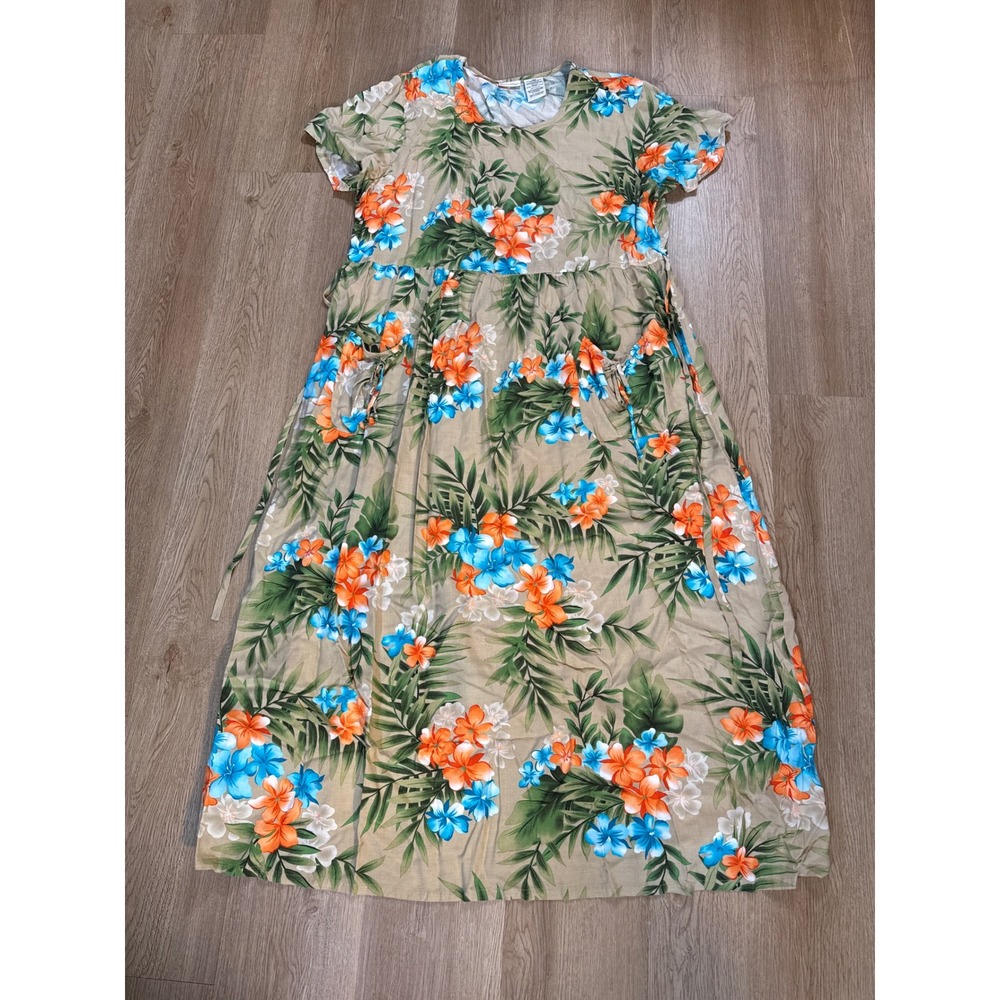 White Stag Floral Maxi Dress Womens XL Tan Blue Orange Excellent Tropical Rayon